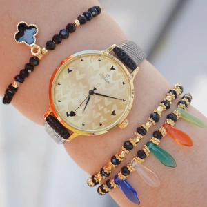 Siyah Deri Kordon Kadın Saat Kombini 1539