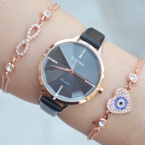 Siyah Deri Kordon Kadın Saat Kombini 1566