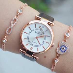 Siyah Deri Kordon Kadın Saat Kombini 1573