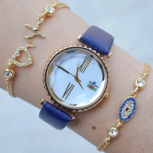 Koyu Mavi Deri Kordon Kadın Saat Kombini 1587