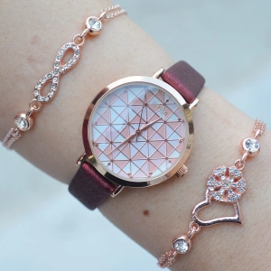 Bordo Deri Kordon Kadın Saat Kombini 1589