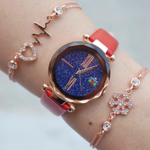 Kırmızı Deri Kordon Kadın Saat Kombini 1591