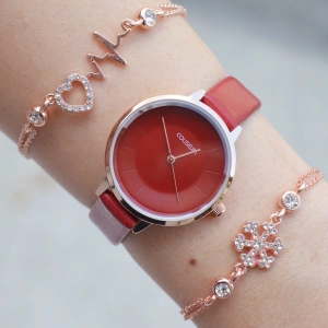Kırmızı Deri Kordon Kadın Saat Kombini 1602