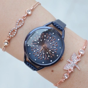 Lacivert Deri Kordon Kadın Saat Kombini 1603