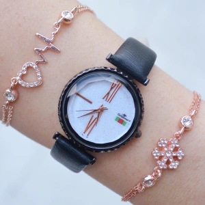 Siyah Deri Kordon Kadın Saat Kombin 1611