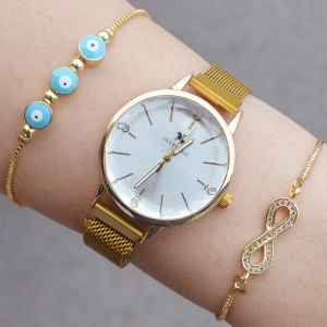 Gold Hasır Mıknatıslı Kordon Kadın Saat Kombini 1675