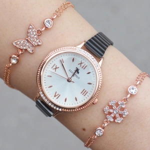 Siyah Metal Kordon Kadın Saat Kombini 1707