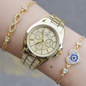 Gold Metal Kordon Kadın Saat Kombini 1719