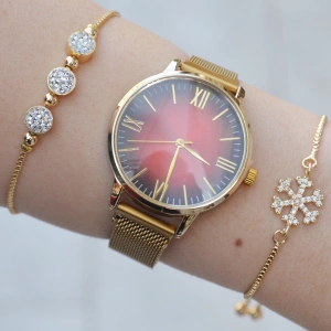 Gold Mıknatıslı Hasır Kordon Kadın Saat Kombini 1946