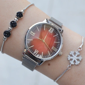 Silver Mıknatıslı Hasır Kordon Kadın Saat Kombini 1947