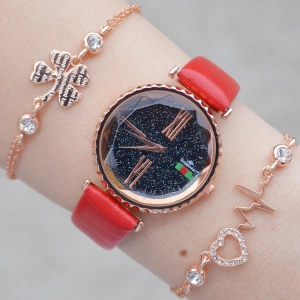 Kırmızı Deri Kordon Kadın Saat Kombini 2045