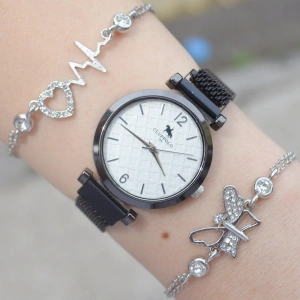 Siyah Hasır Mıknatıslı Kordon Kadın Saat Kombini 2058