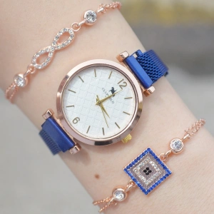 Mavi Hasır Mıknatıslı Kordon Kadın Saat Kombini 2059