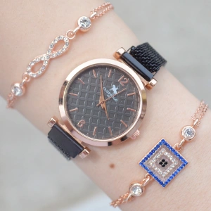 Siyah Hasır Mıknatıslı Kordon Kadın Saat Kombini 2062