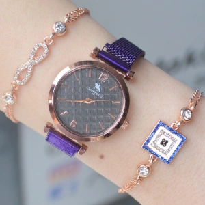 Mor Hasır Mıknatıslı Kordon Kadın Saat Kombini 2064