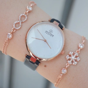 Siyah Deri Kordon Kadın Saat Kombini 2112