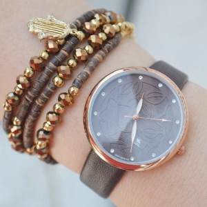 Kahverengi Deri Kordon Kadın Saat Kombini 2114