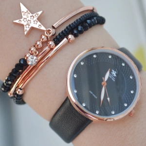 Siyah Deri Kordon Kadın Saat Kombini 2126