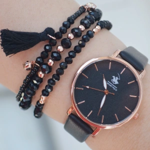 Siyah Deri Kordon Kadın Saat Kombini 2129