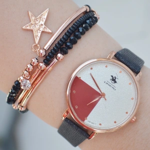 Siyah Deri Kordon Kadın Saat Kombini 2132