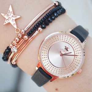 Siyah Deri Kordon Kadın Saat Kombini 2135