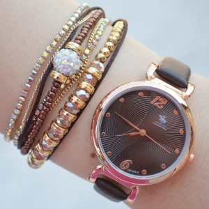 Kahverengi Deri Kordon Kadın Saat Kombini 2208