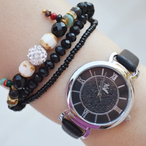 Siyah Deri Kordon Kadın Saat Kombini 2210