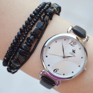 Siyah Deri Kordon Kadın Saat Kombini 2213