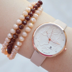 Krem Rengi Deri Kordon Kadın Saat Kombini 2217