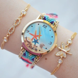 Renkli Örgü Kordon Kadın Saat Kombini 2222