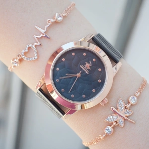 Siyah Hasır Kordon Kadın Saat Kombini 2252