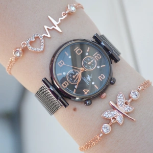 Siyah Hasır Kordon Kadın Saat Kombini 2267