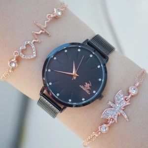 Siyah Hasır Kordon Kadın Saat Kombini 2269