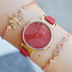 Kırmızı Deri Kordon Kadın Saat Kombini 2282