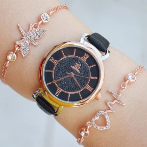 Siyah Deri Kordon Kadın Saat Kombini 2283