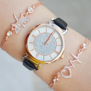 Siyah Deri Kordon Kadın Saat Kombini 2285