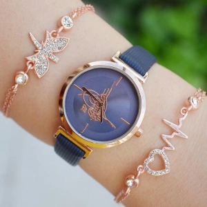 Lacivert Deri Kordon Kadın Saat Kombini 2288