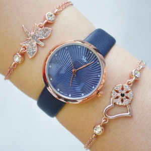 Lacivert Deri Kordon Kadın Saat Kombini 2292