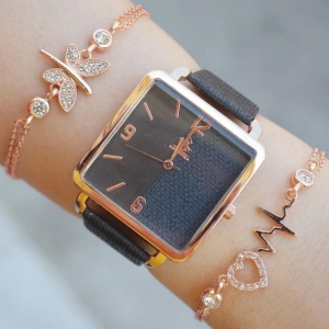 Siyah Deri Kordon Kadın Saat Kombini 2301