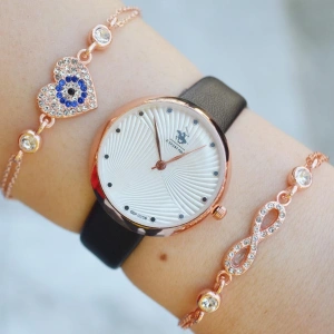 Siyah Deri Kordon Kadın Saat Kombini 2304