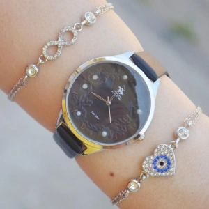 Siyah Deri Kordon Kadın Saat Kombini 2308