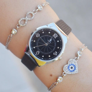 Siyah Deri Kordon Kadın Saat Kombini 2310