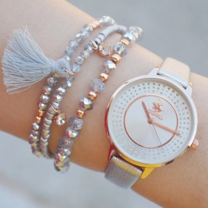 Gümüş Rengi Deri Kordon Kadın Saat Kombini 2316