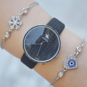 Siyah Deri Kordon Kadın Saat Kombini 2334