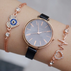 Siyah Hasır Kordon Kadın Saat Kombini 9382