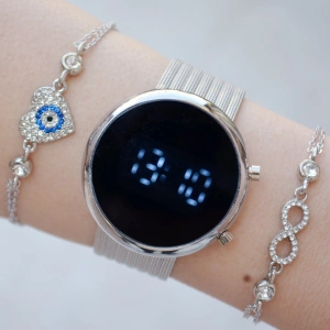 Silver Hasır Kordon Dijital Kadın Saat Kombini 9400