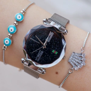 Silver Hasır Mıknatıslı Kordon Kadın Saat Kombini 9485