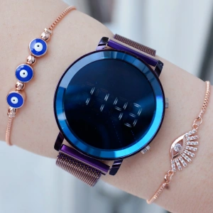 Mor Hasır Mıknatıslı Kordon Dijital Kadın Saat Kombini 9595