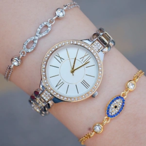 Silver Gold Metal Kordon Kadın Saat Kombini 9686