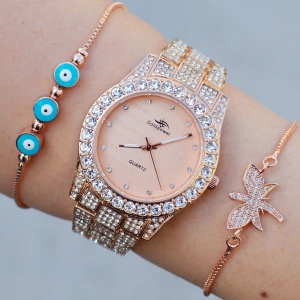 Rosegold Metal Kordon Taşlı Kadın Saat Kombini 9750